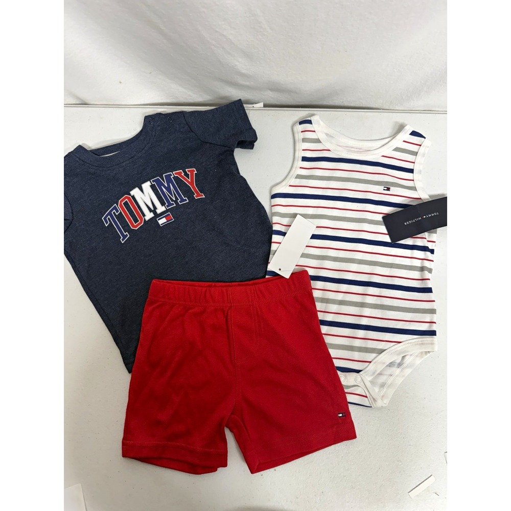 Tommy Hilfiger Boys 6-9M 3Pc Cotton Knit Shorts Set Striped Logo Tee, bodysuit